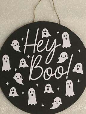Creations By Loren | Hey Boo Halloween Door Hanger | 12”x12” Black